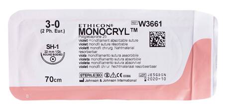 Ethicon Monocryl 3-0 Шовний матеріал фіолетовий 70 см, колюча голка 22 мм 1/2 кола W3661 1 шт