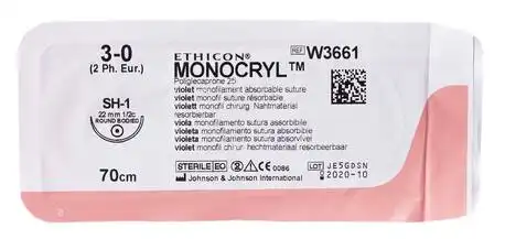 Ethicon Monocryl 3-0 Шовний матеріал фіолетовий 70 см, колюча голка 22 мм 1/2 кола W3661 1 шт
