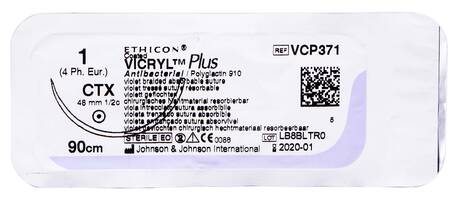 Ethicon Vicryl Plus 1 Шовний матеріал фіолетовий 90 см, колюча голка 48 мм 1/2 кола VCP371H 1 шт
