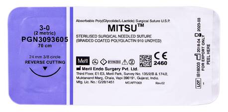 Meril Mitsu 3-0 Шовний матеріал 70 см нефарбований, колюча голка 24 мм 3/8 кола PGN3093605 1 шт