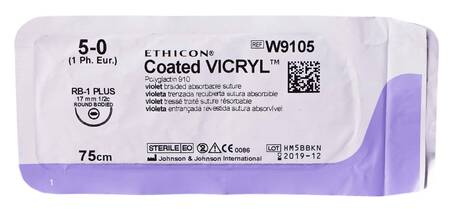 Ethicon Vicryl 5-0 Шовний матеріал фіолетовий 75 см, колюча голка 17 мм 1/2 кола W9105 1 шт loading=